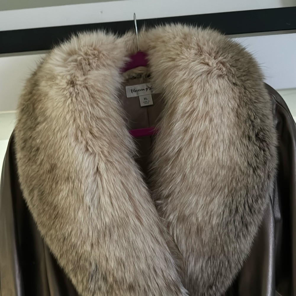 Preston & York metallic Lamb skin and Blue Fox belted coat. Size XL. Never worn.